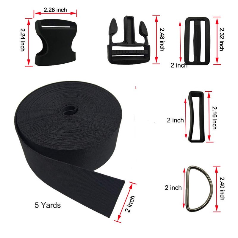 Vtete 2 Inch 5 Yards Black Nylon Heavy Webbing Strap + 5 PCS 2" Flat Side Release Buckles, D Rings and Tri-Glide Slides - Plastic Buckles Kit for DIY Pet Collar, Luggage Straps and Backpack Repairin - Image 2